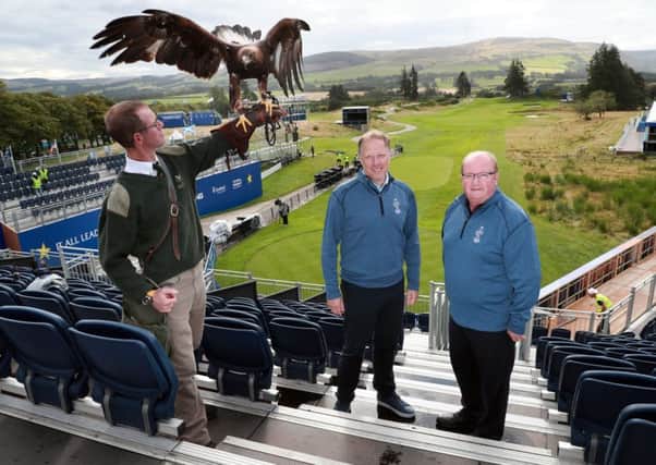 Solheim Cup Tournament Director Ross Hallett and Visit Scotland's Paul Bush with Albus, a 3 year old male golden eagle, and falconer Duncan Eade in the stands on the 1st tee at Gleneagles. Picture: Stewart Attwood
