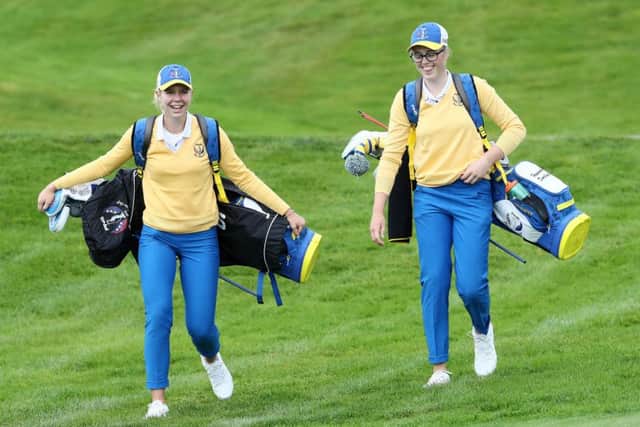 Hannah Darling, right, and Annabell Fuller during a practice round for the Ping Junior Solheim Cup. Picture: Jamie Squire/WME IMG via Getty
