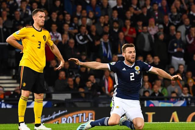 Another evening of struggle in Scotland shirt. Hesitated in the build up to the first goal when him and Mertens went for a loose ball. Should have fouled the Belgian high up the pitch. Topped off when he was booked for diving