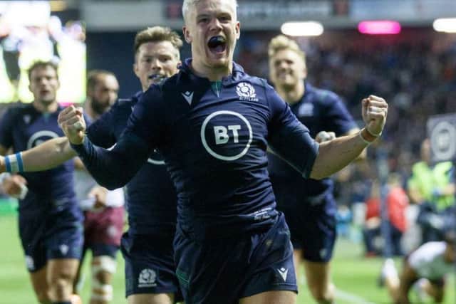 Darcy Graham celebrates a try during Scotland's final Rugby World Cup warm-up match against Georgia at BT Murrayfield last week