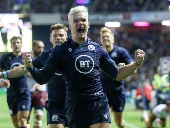 Darcy Graham celebrates a try during Scotland's final Rugby World Cup warm-up match against Georgia at BT Murrayfield last week
