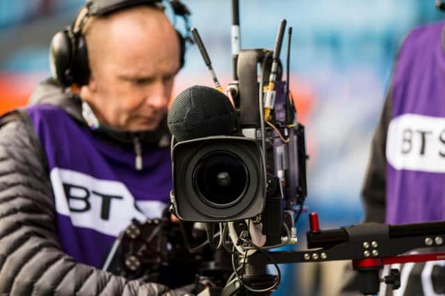 BT Sport camera crews film at a Scottish Premiership match. Top-flight fixtures from Scotland will be screened live in Italy this weekend