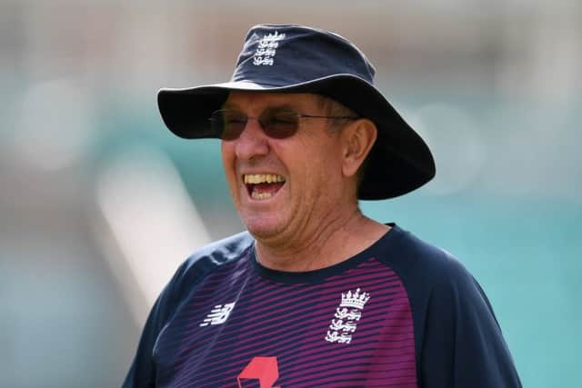 England coach Trevor Bayliss enjoys a laugh during a training session ahead of the fifth Test. Picture: Gareth Copley/Getty