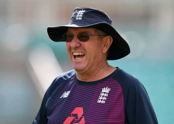 England coach Trevor Bayliss enjoys a laugh during a training session ahead of the fifth Test. Picture: Gareth Copley/Getty