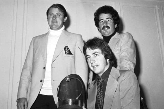 Barnes and Sam Torrance (back right) help Craig Maltman celebrate winning the Young Scottish Professional Golfer of the Year award in December 1976