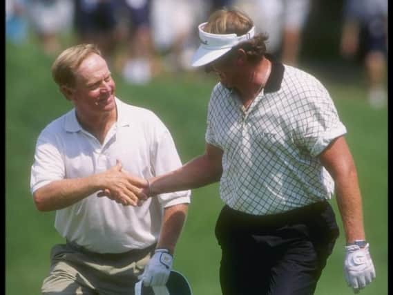 Brian Barnes congratulates Jack Nicklaus during the US Senior Open in 1995. Pic: Getty