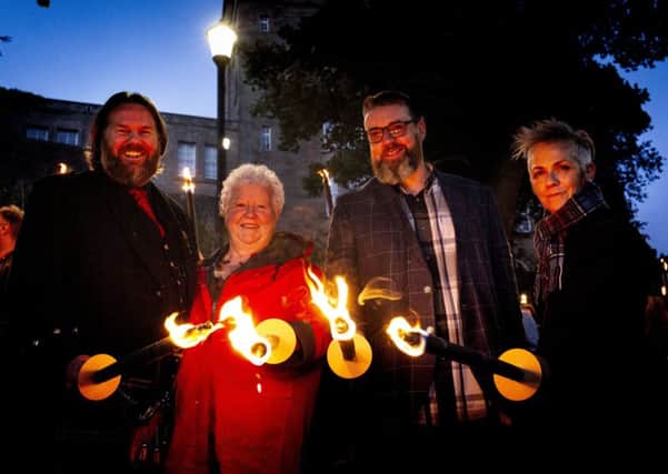 (L-R) Authors Craig Sisterson, Val McDermid, Liam McIlvanney and Denise Mina lead the torchlight procession to The Albert Halls at Bloody Scotland, Scotland's International Crime Writing Festival in Stirling on 21 September 2018 PIC:


Paul Reich