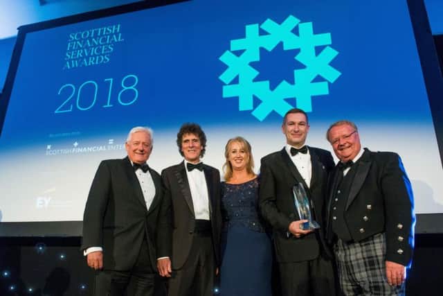 2018's awards - pictured from left are Barclays chairman John McFarlane, SFE chairman Jim Pettigrew, EY head of financial services in Scotland Sue Dawe, head of Barclays in Scotland Scott Stewart, and SFE chief executive Graeme Jones. Picture: contributed.