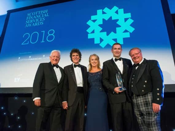 2018's awards - pictured from left are Barclays chairman John McFarlane, SFE chairman Jim Pettigrew, EY head of financial services in Scotland Sue Dawe, head of Barclays in Scotland Scott Stewart, and SFE chief executive Graeme Jones. Picture: contributed.