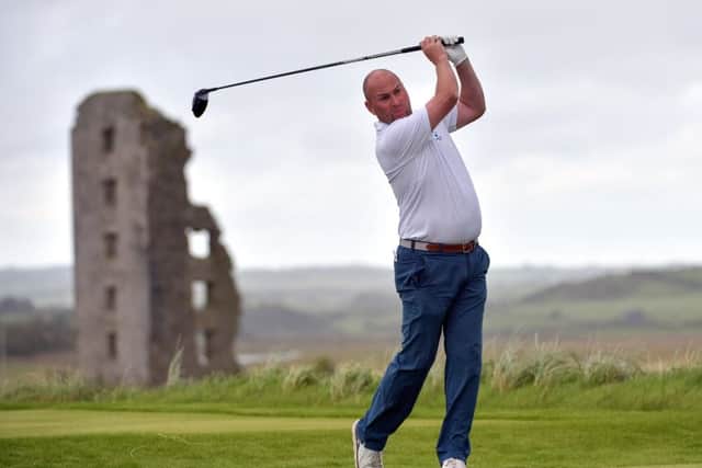 Scottish captain Matt Clark drives at the 13th tee during day one of the Home Internationals at Lahinch. Picture: Courtesy of GUI