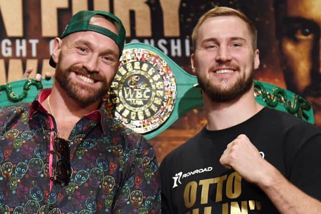 Tyson Fury, left, and Otto Wallin pose after a good-natured press conference at the MGM Grand Hotel & Casino in Las Vegas. Picture: Ethan Miller/Getty