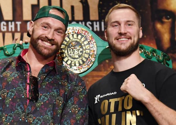 Tyson Fury, left, and Otto Wallin pose after a good-natured press conference at the MGM Grand Hotel & Casino in Las Vegas. Picture: Ethan Miller/Getty