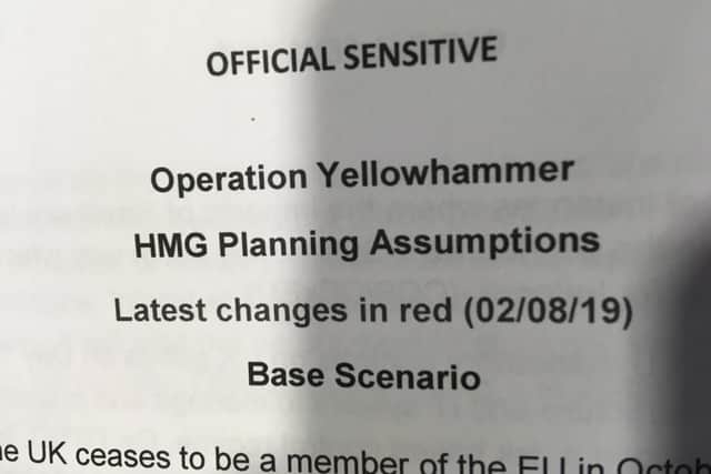 The front page of the Scottish Government's copy of Operation Yellowhammer planning documents, shows it is a "base scenario".