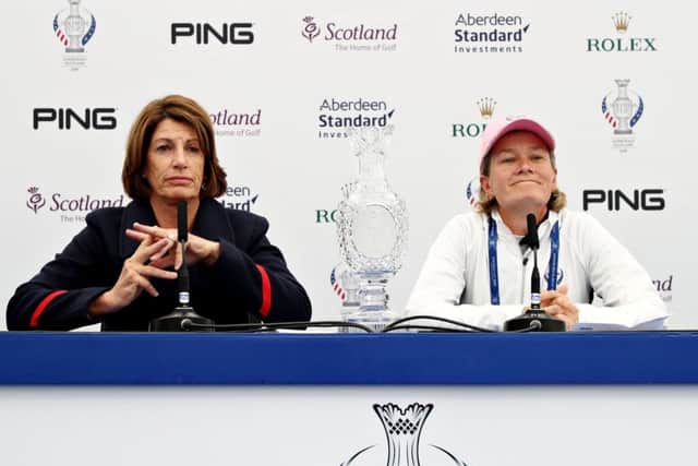 Team USA captain Juli Inkster, left, and the European captain Catriona Matthew at a Solheim Cup press conference at Gleneagles. Picture: Jamie Squire/Getty