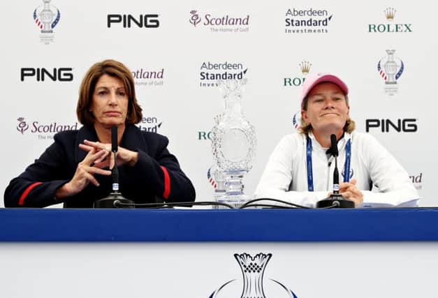 Team USA captain Juli Inkster, left, and the European captain Catriona Matthew at a Solheim Cup press conference at Gleneagles. Picture: Jamie Squire/Getty