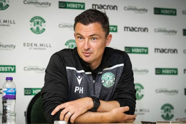 Hibs boss Paul Heckingbottom addresses the media at East Mains. Picture: Roddy Scott/SNS