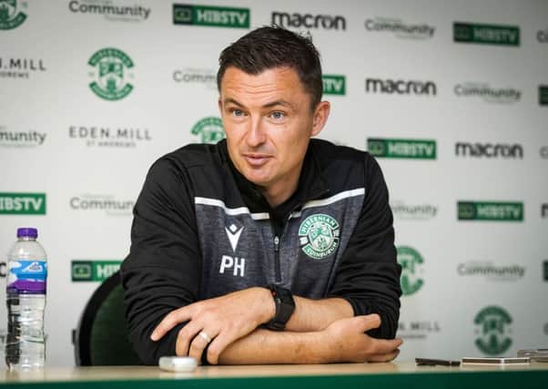 Hibs boss Paul Heckingbottom addresses the media at East Mains. Picture: Roddy Scott/SNS