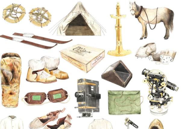 Some of the equipment used by Captain Robert Falcon Scott during his ill-fated British Antarctic Expedition of 1910-13 PIC: illustration by Christine Berrie
