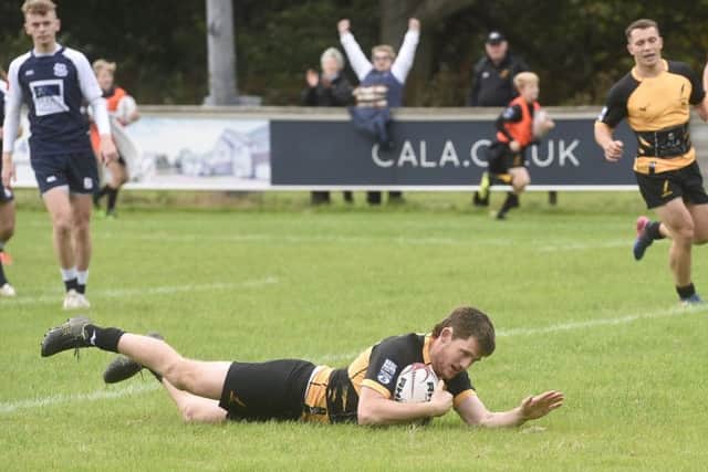 Currie's Gregor Christie scores a try against Selkirk. Picture: Greg Macvean