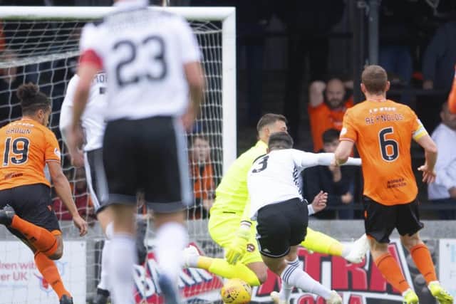 Daniel Harvie fires home to make it 1-0 for Ayr United against the league leaders.  Photograph:Garry Williamson/SNS Group