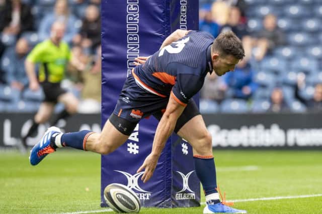 Matt Scott scores his second try for Edinburgh, but his his side were thwarted by a late touchdown by Ospreys on Saturday. Picture: SNS/SRU.