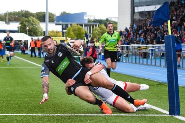 Rory Hughes scores for Glasgow Warriors against Ulster. Picture: SNS/SRU