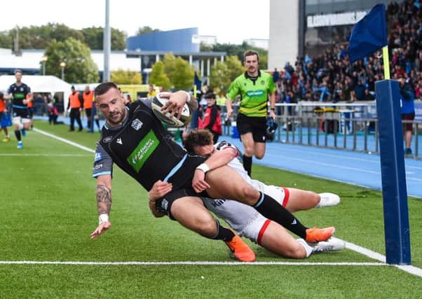Rory Hughes scores for Glasgow Warriors against Ulster. Picture: SNS/SRU