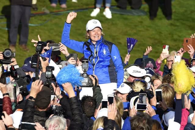 Team Europe captain Catriona Matthew celebrates with fans at Gleneagles. Picture: Ian Rutherford/PA Wire