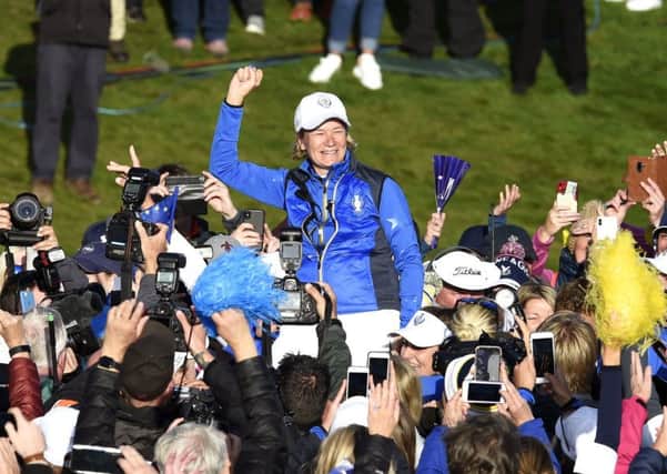Team Europe captain Catriona Matthew celebrates with fans at Gleneagles. Picture: Ian Rutherford/PA Wire