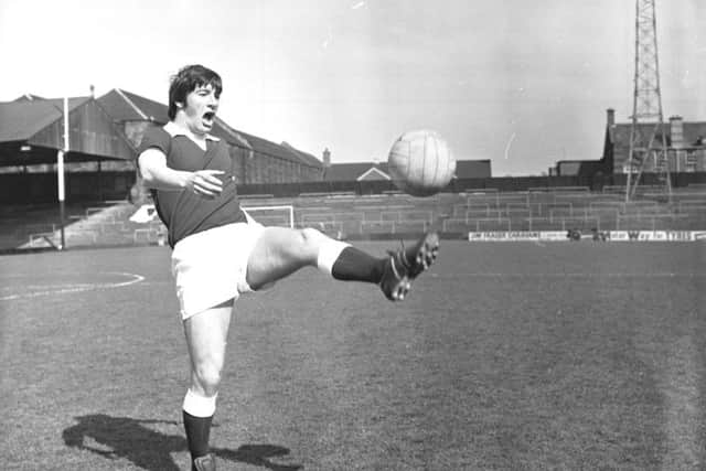 Bobby Prentice plays keepy-uppy during a training session at Tynecastle in 1976. Picture: Stan Warburton