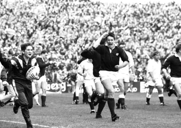 Scotland v England Five Nations 1990 at Murrayfield - Tony Stanger celebrates the final 13-7 score.