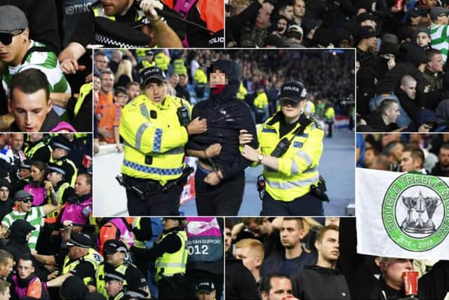 Feyenoord fans, including one wearing a Celtic shirt, clash with police at Ibrox while another supporter is removed from the stadium by police