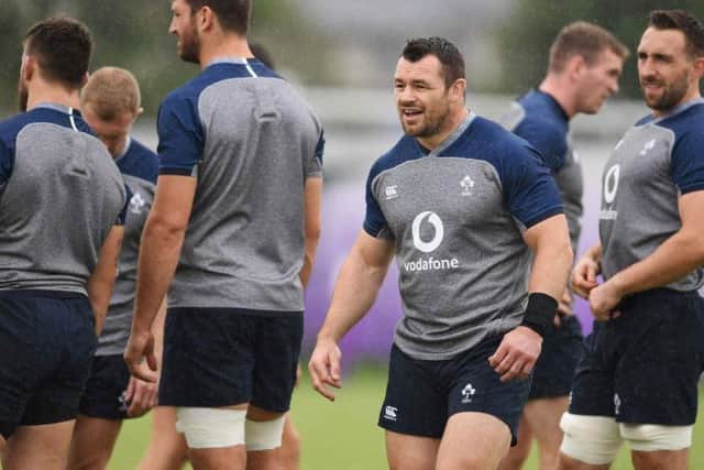 Cian Healy takes part in an Ireland training session ahead of their World Cup opener against Scotland