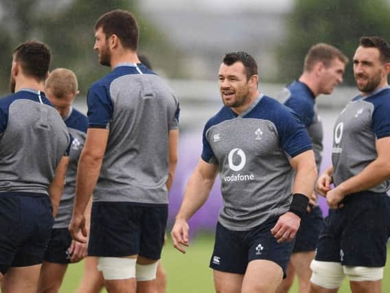 Cian Healy takes part in an Ireland training session ahead of their World Cup opener against Scotland