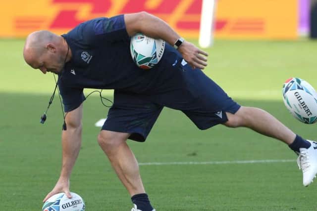 Gregor Townsend takes a Scotland training session at the International Stadium in Yokohama