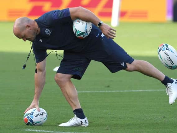 Gregor Townsend takes a Scotland training session at the International Stadium in Yokohama