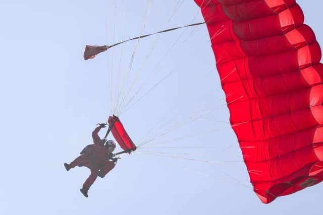 Mr Cortmann during his parachute jump. Picture: PA