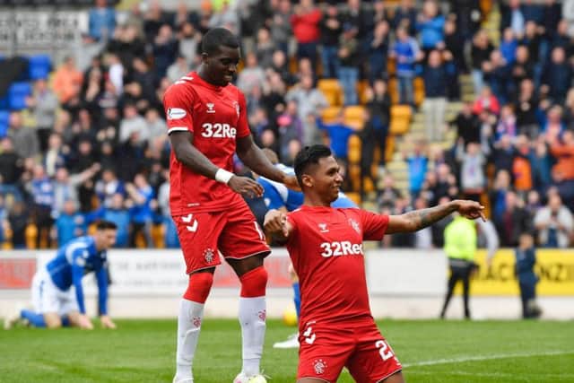 Alfredo Morelos celebrates after giving Rangers the lead. Picture: SNS