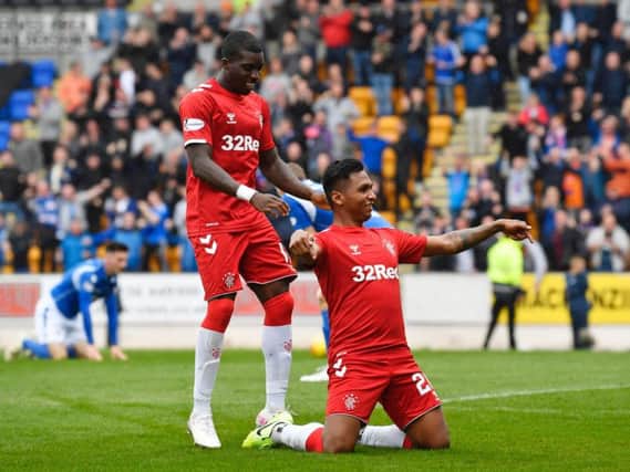 Alfredo Morelos celebrates after giving Rangers the lead. Picture: SNS