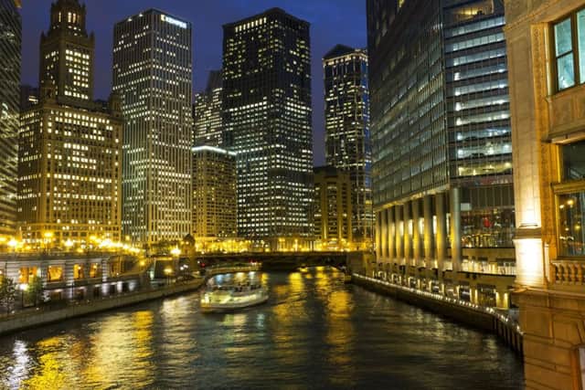 The Chicago River at night shows off the city's architecture