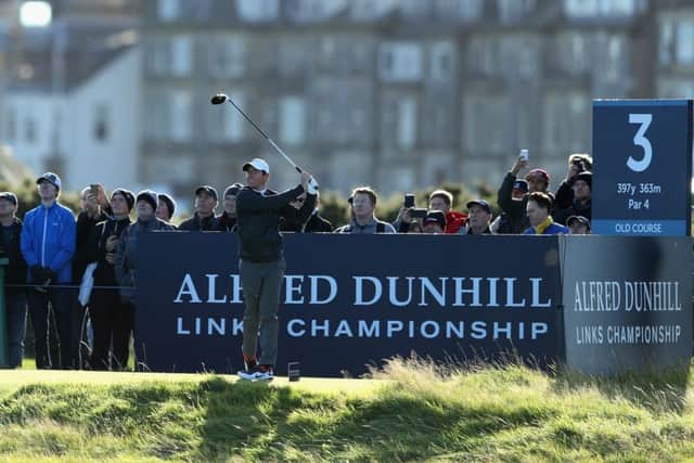 Rory McIlroy tees off on the third at the Old Course in the 2017 Alfred Dunhill Championship. Picture: Richard Heathcote/Getty