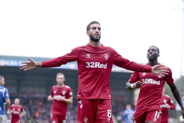 Connor Goldson, now regarded as Rangers  No 1 defender, celebrates his goal at Perth on Sunday. Picture: PA.