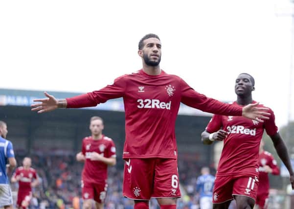 Connor Goldson, now regarded as Rangers  No 1 defender, celebrates his goal at Perth on Sunday. Picture: PA.