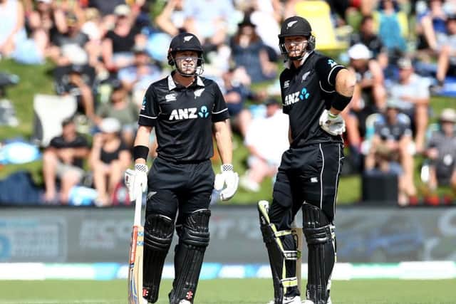 New Zealand duo Henry Nicholls and Martin Guptill look on during an ODI with Bangladesh in February 2019