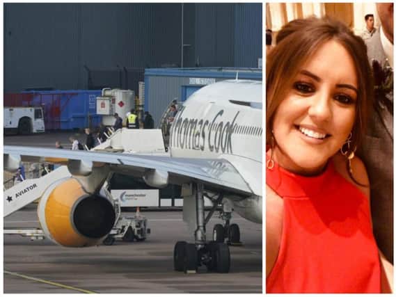 Ashleigh MacLennan was on board one of the last ever Thomas Cook flights. Picture: Getty Images (left) Contributed (right)