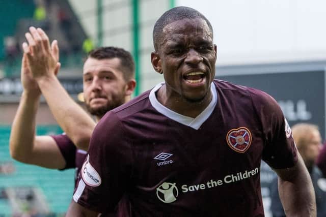 Uche Ikpeazu celebrates at full-time after Hearts' 2-1 win at Easter Road.