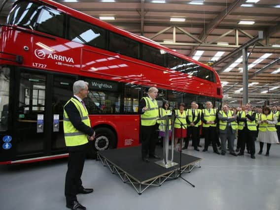 Boris Johnson, as Mayor of London, on a visit to the Wrightbus Chassis plant in Antrim. Picture: Niall Carson/PA Wire
