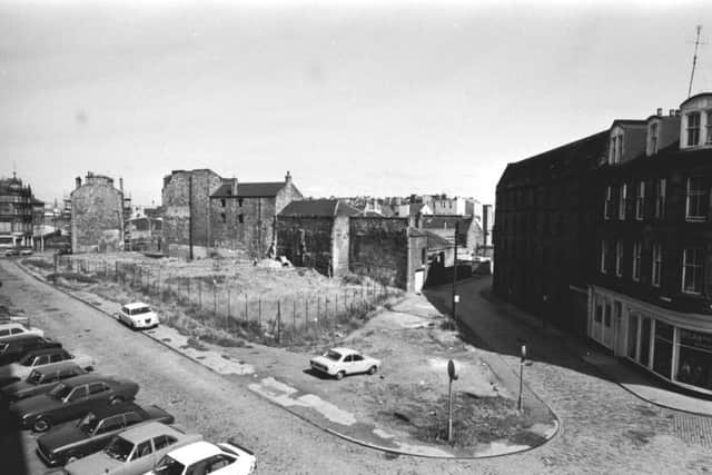 Waste ground at the junction of Maritime Street, Tolbooth Wynd and Queen Charlotte Street in Leith, July 1981.