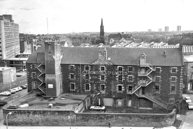 JG Thomson and Co Ltd, whisky, spirits and wine merchants' bonded warehouse (established 1709) at The Vaults in Leith, Edinburgh. Picture taken January 1983.
