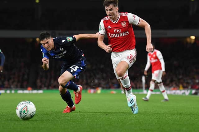 Kieran Tierney takes on Joe Lolley of Nottingham Forest during the Carabao Cup Third Round match